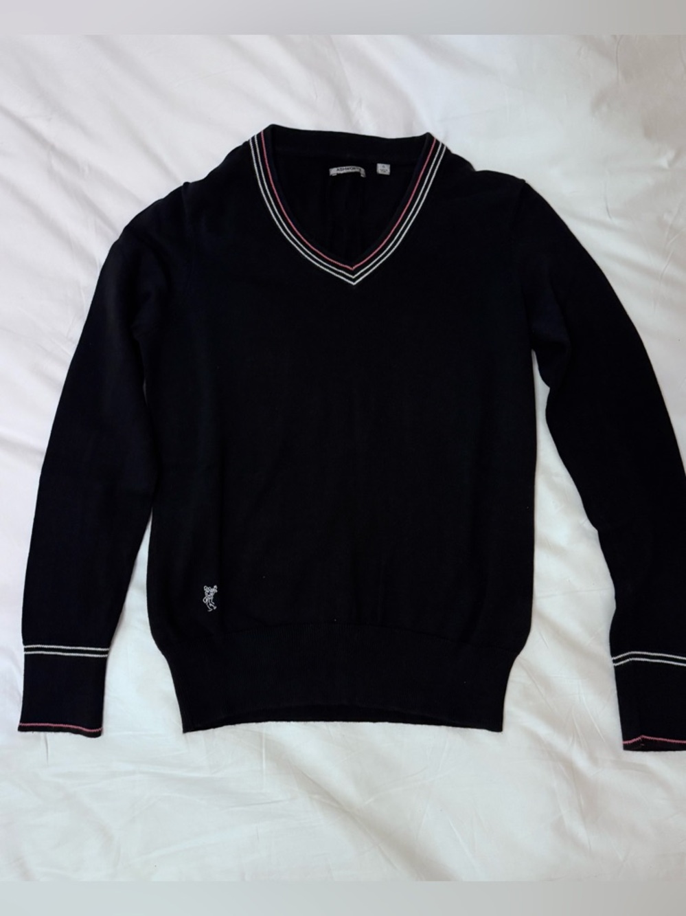 Ashworth Black V-Neck, Navy Woman's Golf Sweater with White and Pink Trim (S)